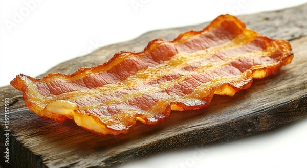 Obraz Savory Crunchy Breakfast Treasure: Gourmet Crispy Cooked Bacon Strip with Rich Flavors and Appetizing Texture on a Rustic Wooden Background