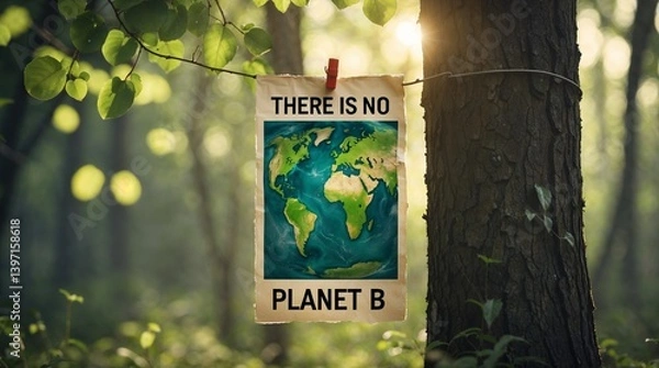 Obraz Earth Day poster with text "There is no Planet B" attached to tree in forest, sunlight shining through green leaves on blurred bokeh background.