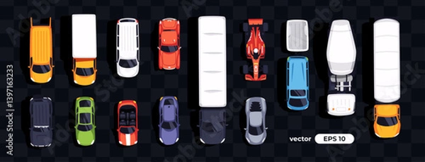 Fototapeta Top view cars set isolated. View from above. Cute cartoon transport. Modern urban vehicle. View from the bird's eye. Realistic car design. Flat style vector illustration. Truck. concrete mixer.