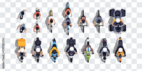 Fototapeta Top view of people set isolated. Men and women. Riding a bicycle, motorcycle, quad bike, scooter, skate. View from above. Cartoon design. Flat style vector illustration. Policeman, delivery man.