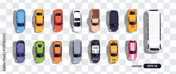 Fototapeta Top view cars set isolated. View from above. Cute cartoon transport with shadows. Modern urban civilian vehicle. View from the bird's eye. Realistic car design. Flat style vector illustration.