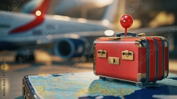 Fototapeta Vintage red suitcase with a pin pointer on a world map at an airport in front of an airplane ready for travel adventures.