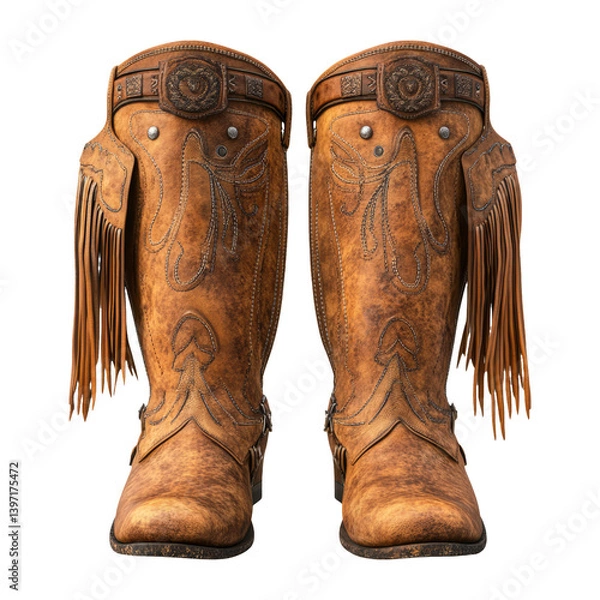 Fototapeta Rustic Leather Cowboy Boots Isolated on Transparent Background