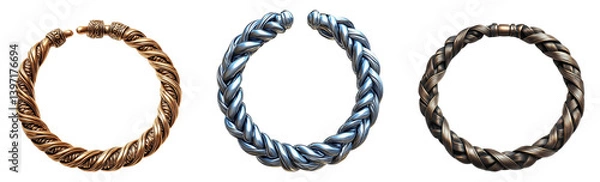 Fototapeta Three twisted metal rings isolated on a transparent background showcasing their unique designs and textures