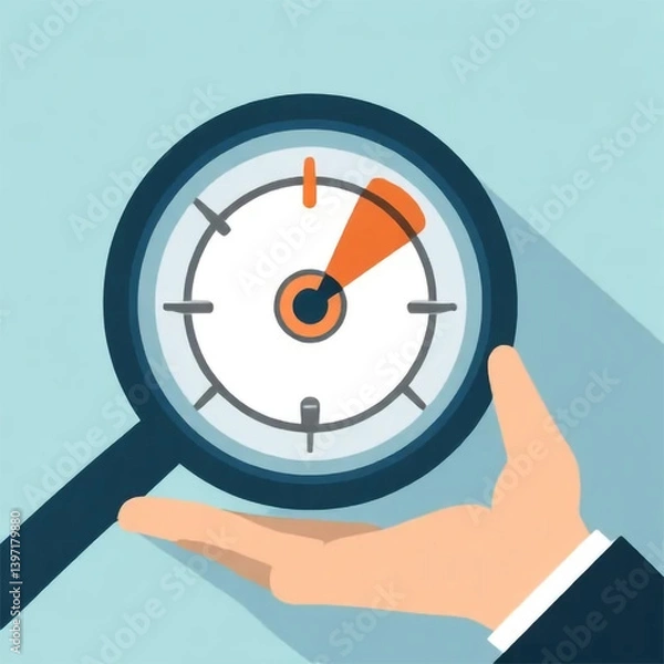 Fototapeta A hand gently cradles a magnified clock showcasing swift progress, a symbol of efficiency and timely achievement in a flat, minimalist design.