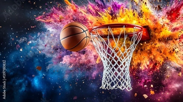 Fototapeta Vibrant Pop Art Illustration of Basketball Hoop with Explosive Colors