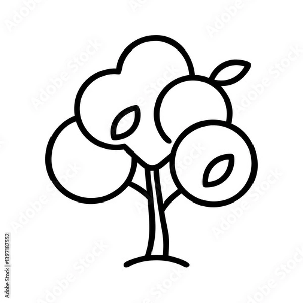 Fototapeta Outline drawing of a tree with round leaves and branches for nature designs