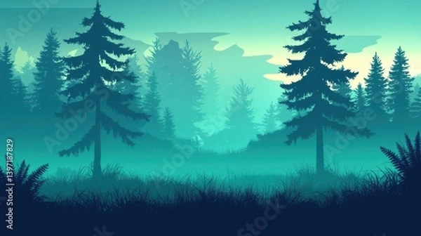 Fototapeta A misty, teal-hued forest scene with tall evergreens.