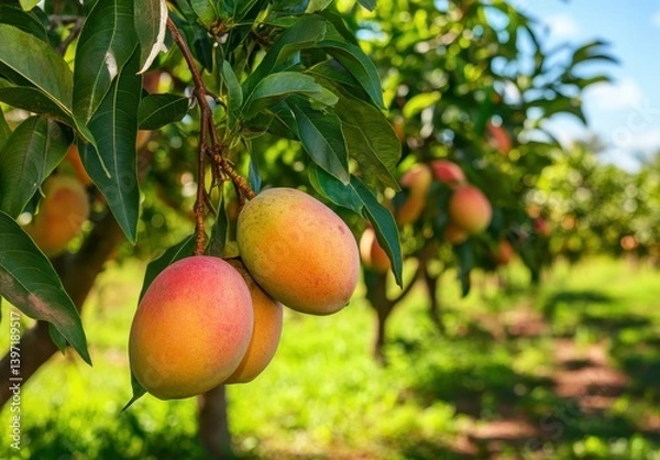 Fototapeta Ripe Mangoes Hanging from Lush Green Trees in a Sunny Orchard, Capturing the Essence of Fresh Fruit Harvesting in a Vibrant Nature Setting