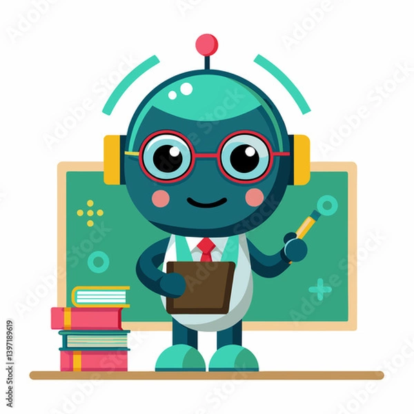 Obraz A teal and red cartoon robot teacher stands in front of a chalkboard with books. Vector illustration.