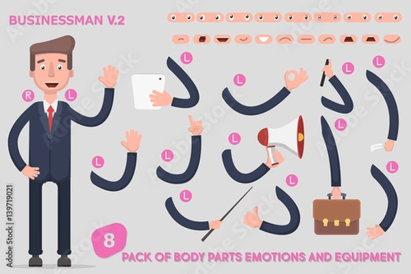 Fototapeta Parts body template for design work and animation. Funny office man cartoon. Vector illustration on light background. Set the character says costume animations. Men game.
