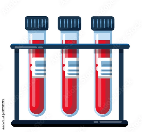 Obraz Blood test tubes stand in a rack isolated on white background. Vector of blood sample for medical test in PNG format. Suitable elements design for medical laboratory, biochemistry, and medical icons.