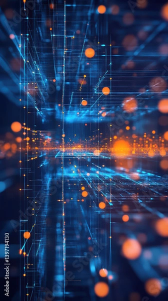 Fototapeta Digital Network Visualization: An abstract representation of a digital network, with glowing lines and data points interconnected, conveying the concepts of connectivity and technological advancement.