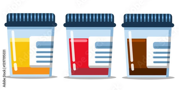 Obraz Laboratory containers with dark caps. Medical sample of urine, blood, and feces in glass tubes isolated on white background. Suitable elements for medical laboratory, biochemistry and medical analysis