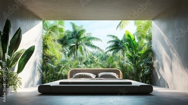 Fototapeta Modern Minimalist Bedroom with Large Window Overlooking Lush Tropical Greenery and Nature, Relaxation and Serenity Concept