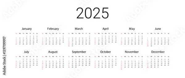 Obraz USA 2025 calendar. English Vector design template start from Sunday. Full for wall calendar