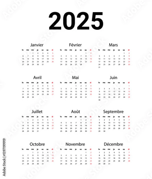 Obraz French 2025 calendar. Vector illustration design template start from monday. Full months for wall calendar