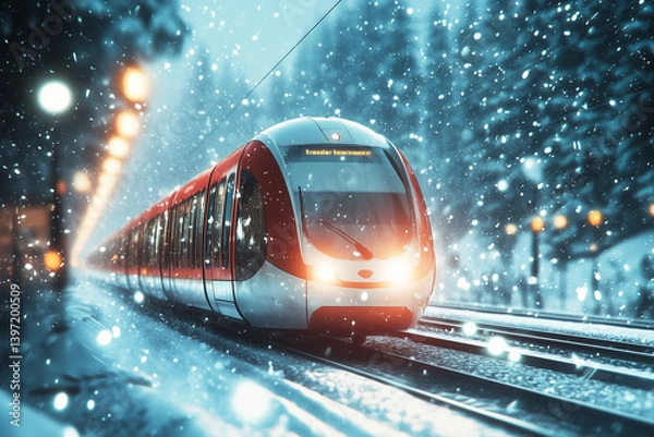 Fototapeta A modern train travels through a snowy landscape, showcasing its vibrant colors against the serene winter backdrop.
