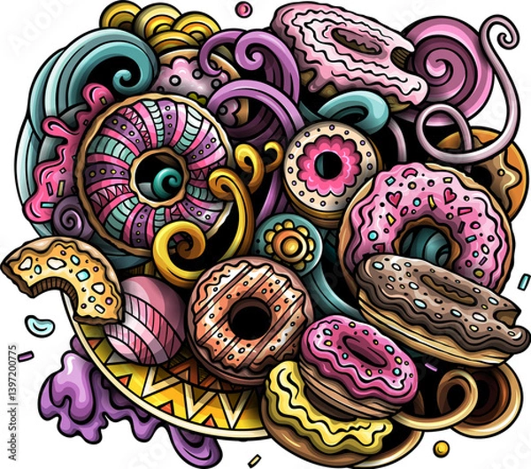 Fototapeta Donuts doodles illustration. Sweets design. Doughnut elements and objects cartoon background. Bright colors funny picture