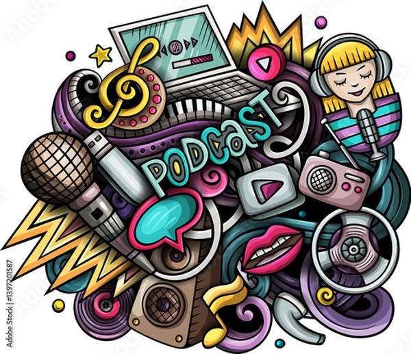 Fototapeta Audio content cartoon doodle design. Colorful detailed composition with lot of media objects and symbols.