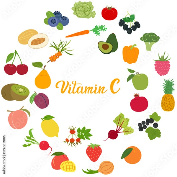 Fototapeta Set of fruits, vegetables and berries with vitamin C - flat vector illustration. Cartoon template for children's educational coloring books and packaging for juices and diet food.