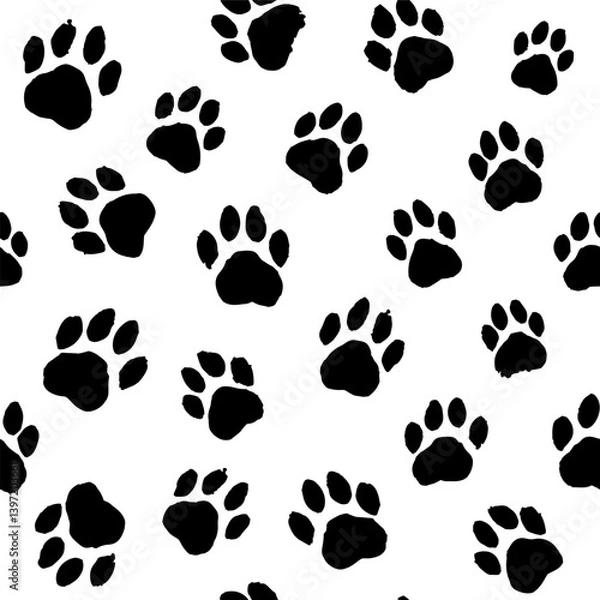 Fototapeta Pattern with black paw prints of a dog, cat on a white background in grunge style. Drawn with brush strokes, splashes, blots.