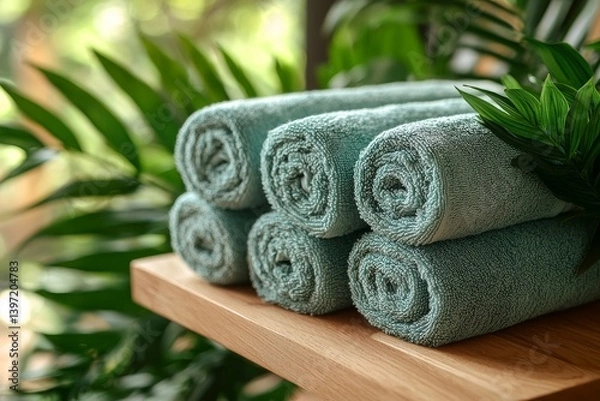 Fototapeta Clean soft towels are rolled and placed on a white table in a hotel and spa mockup with a banner and copy space