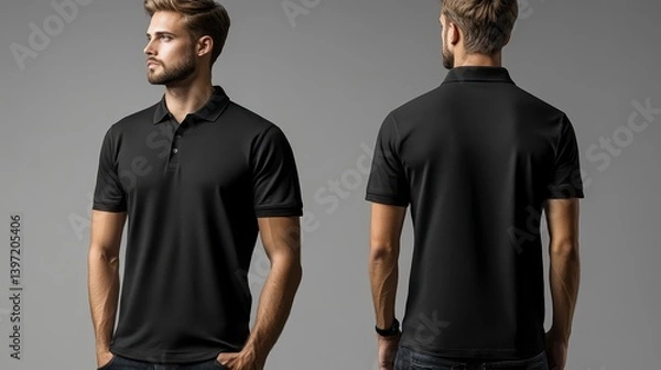 Fototapeta Man wears a black polo shirt with buttons, casual look. Front and back view