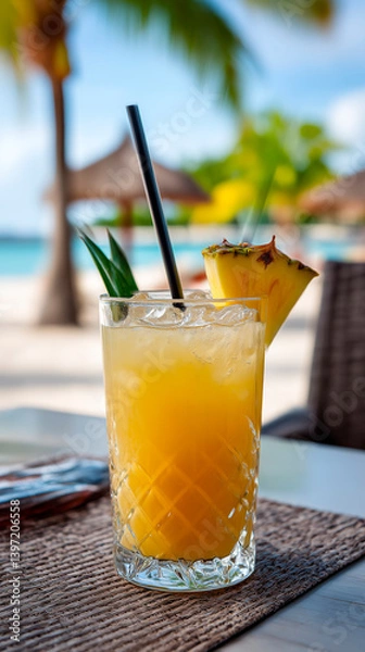 Obraz Glass of orange juice with a straw in it. The straw is black. The glass is on a table