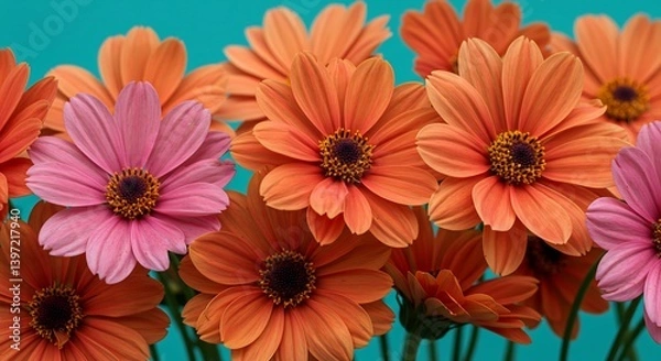 Obraz Vibrant orange and pink flowers bright turquoise background. AI Generated