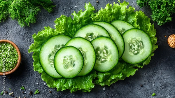 Obraz Freshly sliced cucumbers served on crisp lettuce