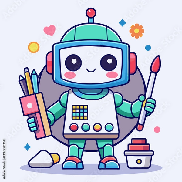 Obraz A cute teal and blue robot artist, holding a brush and pencils, with a happy expression.