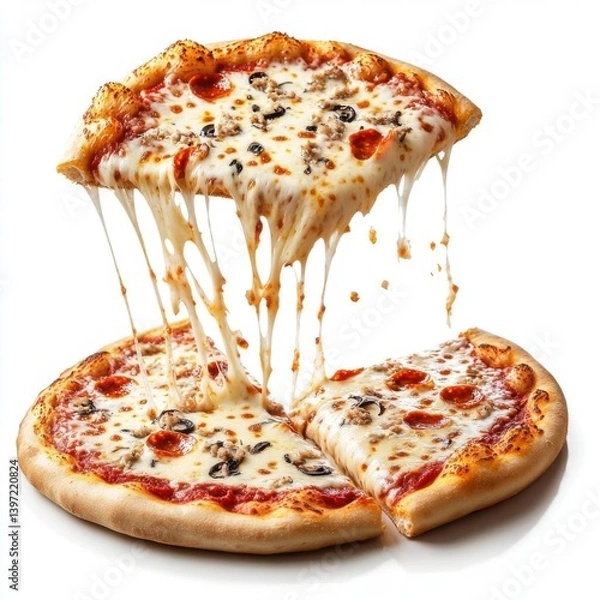 Obraz Pizza with mozzarella cheese and mushrooms isolated on white background