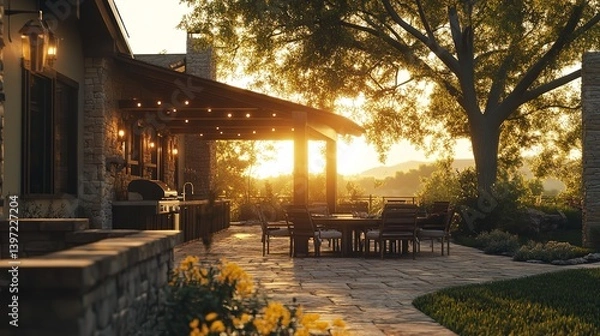 Fototapeta Serene sunset dinner on a stone patio with warm lighting blurring the background greenery into a picturesque evening