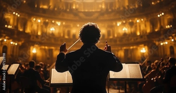 Fototapeta Cinematic Back View of Conductor Leading Symphony Orchestra with Violin Cello and Trumpet Performers on Classic Theatre Stage