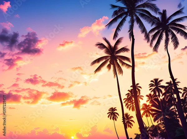 Fototapeta Timeless Tropical Escape: Coconut Palms Under a Sunlit Sky with,generative ai