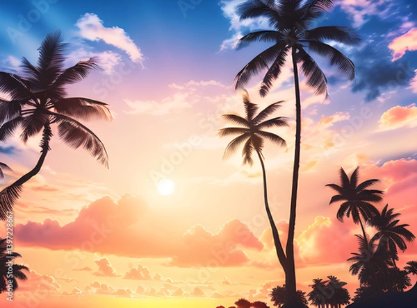Fototapeta Timeless Tropical Escape: Coconut Palms Under a Sunlit Sky with,generative ai