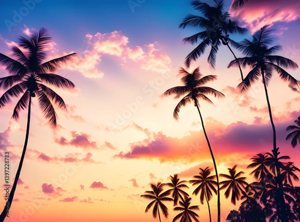 Fototapeta Timeless Tropical Escape: Coconut Palms Under a Sunlit Sky with,generative ai