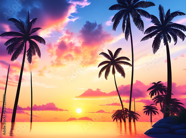 Fototapeta Timeless Tropical Escape: Coconut Palms Under a Sunlit Sky with,generative ai