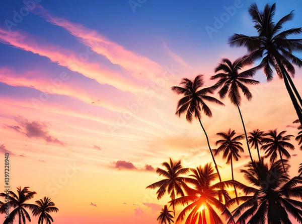 Fototapeta Timeless Tropical Escape: Coconut Palms Under a Sunlit Sky with,generative ai