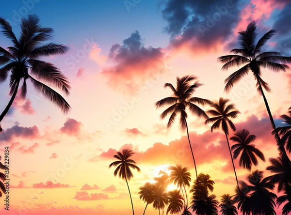 Fototapeta Timeless Tropical Escape: Coconut Palms Under a Sunlit Sky with,generative ai