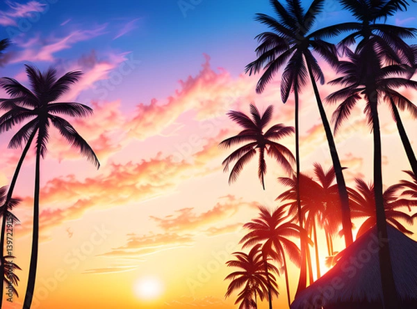Fototapeta Timeless Tropical Escape: Coconut Palms Under a Sunlit Sky with,generative ai