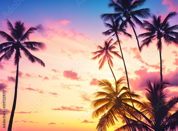 Fototapeta Timeless Tropical Escape: Coconut Palms Under a Sunlit Sky with,generative ai