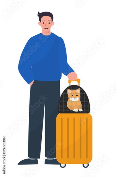 Fototapeta Man with his suitcase and cat him the carrier