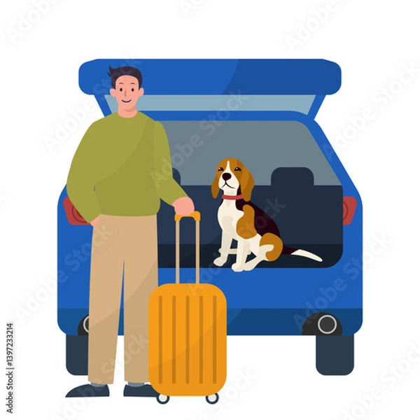 Fototapeta road trip with dog, man and his dog at the back of the opened suv car
