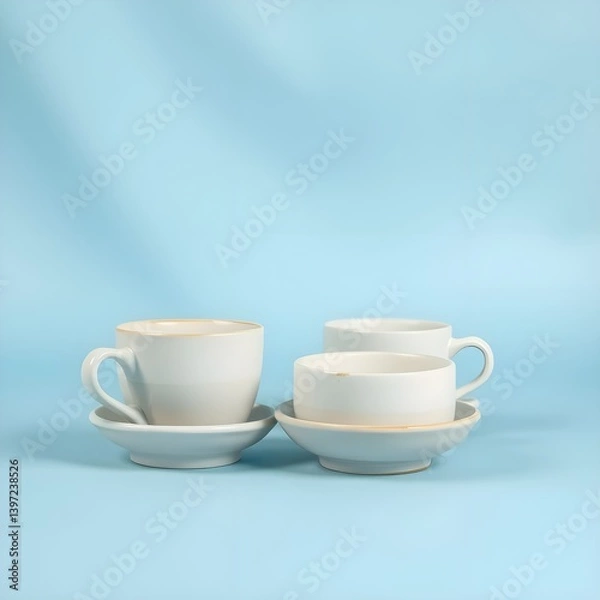 Obraz A soft blue background with simple ceramic props. The props are minimalistic cups and bowls, creating a calm atmosphere. It creates a cafe or studio atmosphere.