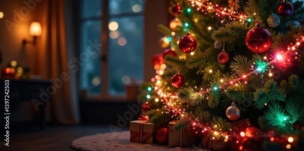 Fototapeta Vibrant Christmas tree with colorful garlands and sparkling ornaments in a warm and inviting atmosphere, sparkling, glowing