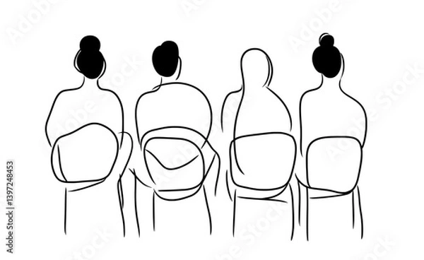 Obraz A hand-drawn, thin line art sketch of a conference hall audience in modern illustration style, featuring a continuous line and blank space for custom text and design