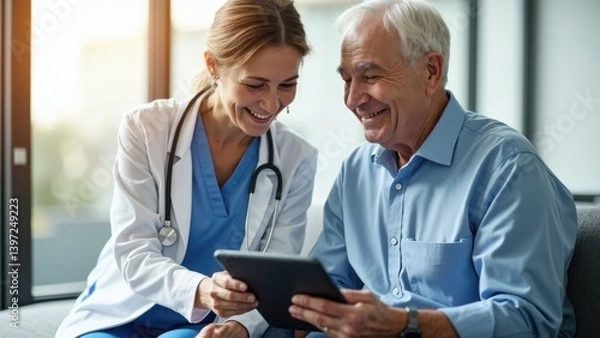 Fototapeta Happy female doctor and senior patient engage in a discussion about treatment while reviewing results on a tablet in a well-lit consultation room.