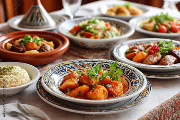 Fototapeta A vibrant spread of Moroccan dishes showcases colorful ingredients, with tagine, couscous, and fresh herbs arranged elegantly for sharing